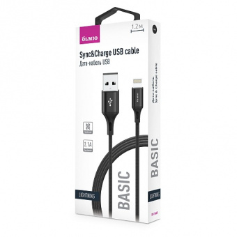 Кабель BASIC, USB 2.0 - lightning, 1.2м, 2.1A, текстильная оплетка, черный, OLMIO