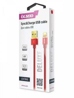 Кабель DELUXE, USB 2.0 - lightning, 1м, 2.1A, красный, OLMIO