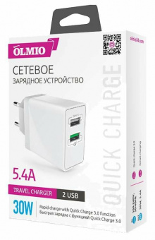 СЗУ 30W, USBx2, 5.4A, QC3.0, Smart IC, OLMIO