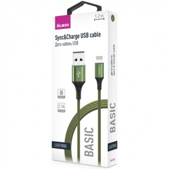Кабель BASIC, USB 2.0 - lightning, 1.2м, 2.1A, текстильная оплетка, зеленый, OLMIO